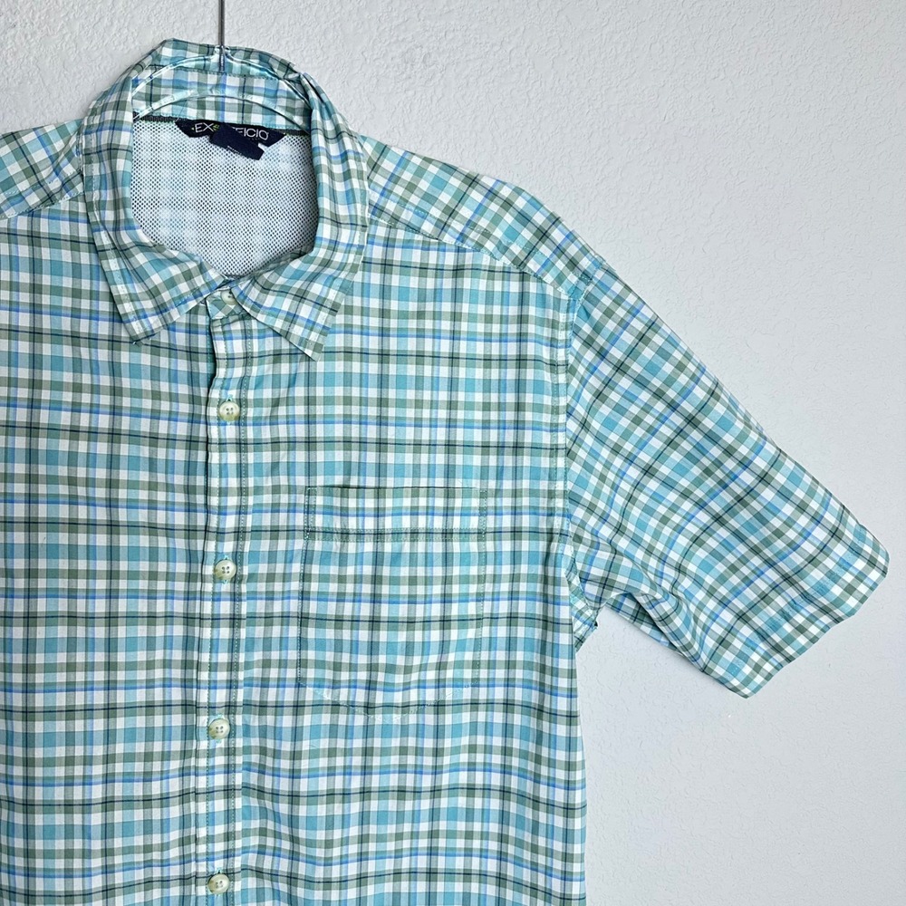 ExOfficio Mens Plaid Short Sleeve Button Down Shirt Teal Green Vented L Pockets